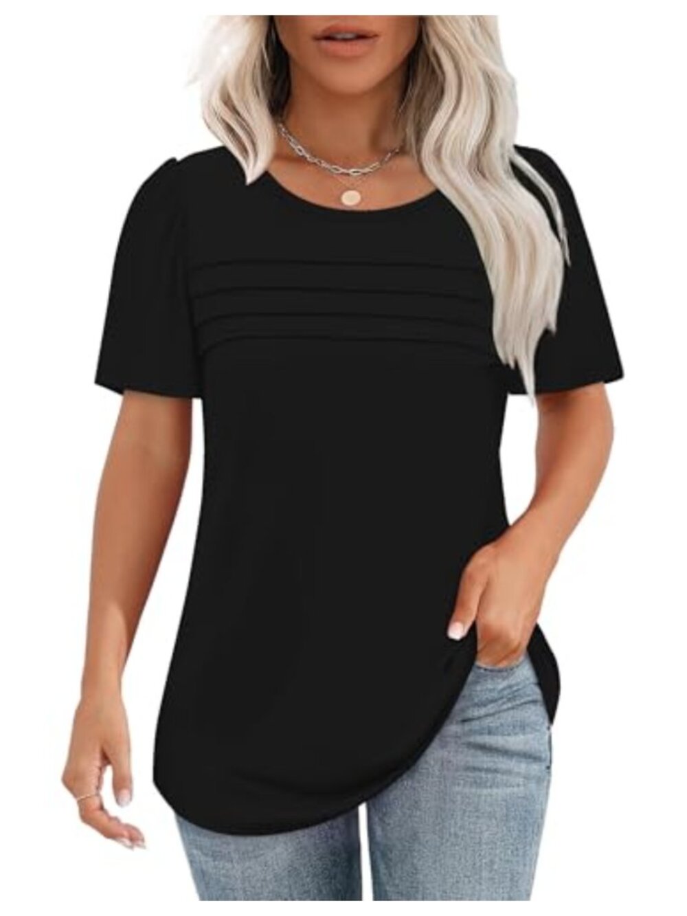Womens Puff Sleeve Summer Top Pleated Front Scoop Neck Flowy Casual Tunic
